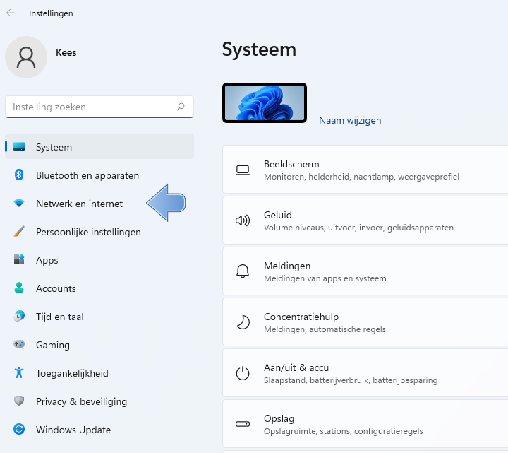 instellingen netwerk en internet