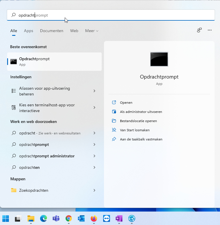 opdrachtprompt in startmenu