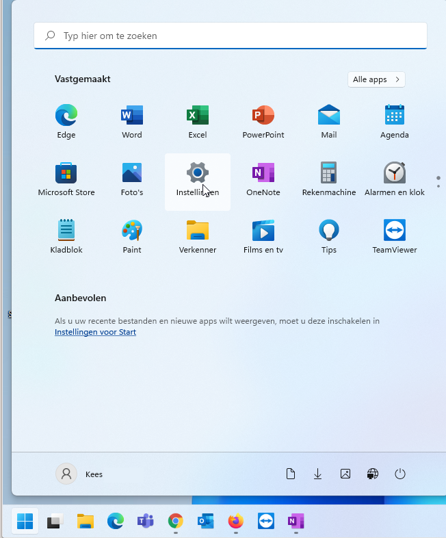 startmenu instellingen